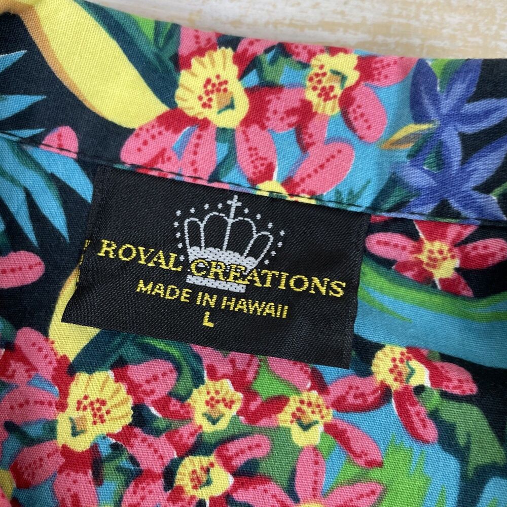 Royal Creations Hawaiian Pink Green Floral Birds Mens Shirt Sz L Made in Hawaii - Picture 9 of 10